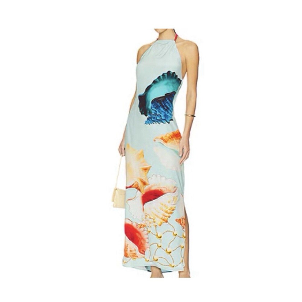 Muma World Murex Mist Vega Dress Baby Blue Halter Maxi Seashell Print Sz L